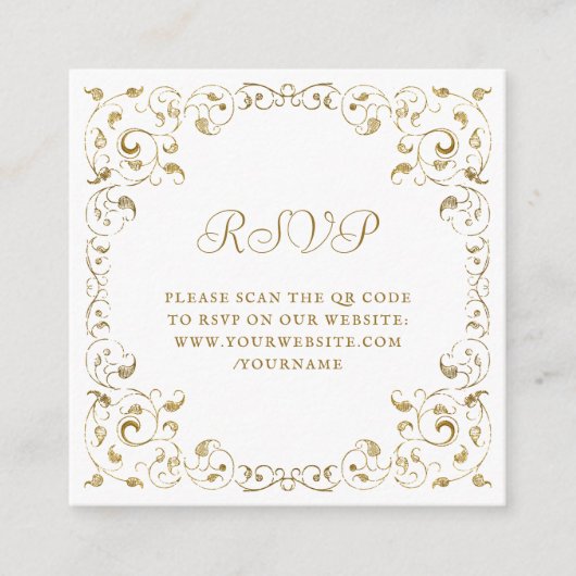 Budget Gold Script Foliage Wedding QR Code RSVP Informatiekaartje (Voorkant)