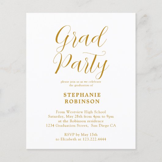 Budget Gold Script Graduation Party Uitnodiging (Voorkant)