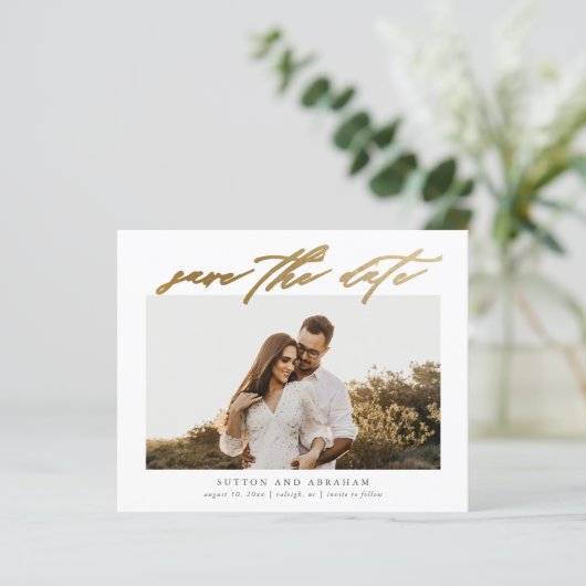 Budget Gold Script Photo Save the Date (Staand voorkant)