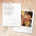 Budget Gold Script Photo Wedding Invitation<br><div class="desc">Deze elegante uitnodiging voor gouden budgetbruiloft met handtekeningen kan worden gepersonaliseerd met je informatie in het teken van tekenletters en je speciale foto aan de achterkant. Ontworpen door: Thisnotme©</div>
