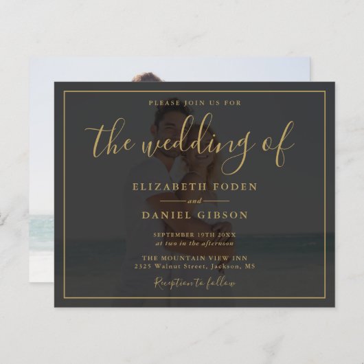 Budget Gold Script Photo Wedding Invitation (Voorkant / Achterkant)