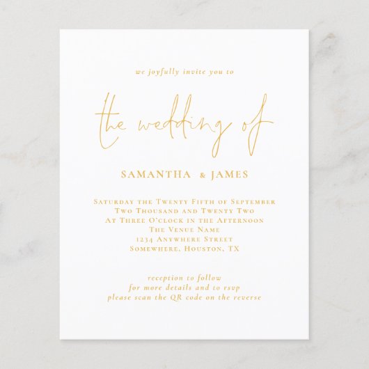 Budget Gold Script QR Code Weduwen Uitnodiging (Voorkant)