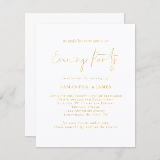 Budget Gold Script QR Evening Party Wedding Invite (Voorkant / Achterkant)