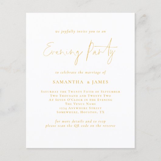 Budget Gold Script QR Evening Party Wedding Invite (Voorkant)