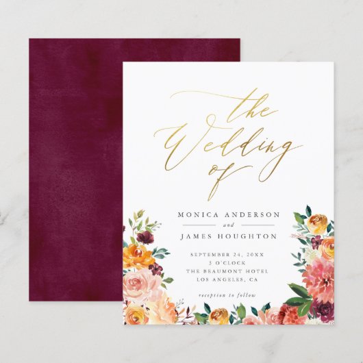 Budget Gold Script Waterverf Floral Wedding (Voorkant / Achterkant)