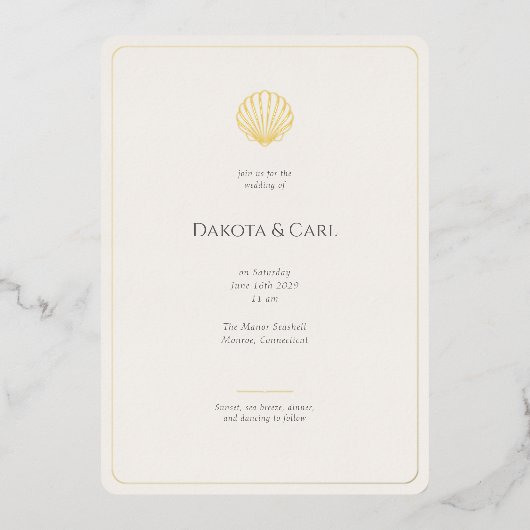 Budget Gold Seashell All-in-One Wedding invitation Folie Uitnodiging (Voorkant)