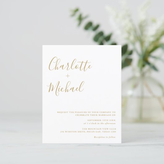 Budget Gold Signature Script Weduwen Uitnodiging (Staand voorkant)