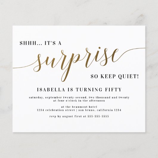 Budget Gold Stylish Script Surprise Birthday Party (Voorkant)