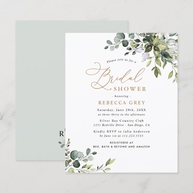 Budget Gold Text Greenery Bridal Shower Invitation (Voorkant / Achterkant)