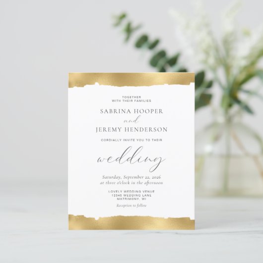 Budget Gold Torn Edge White Wedding Invitation (Staand voorkant)