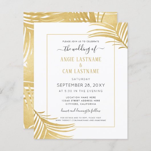 Budget Gold Tropical Palm Leaf Invitation (Voorkant / Achterkant)
