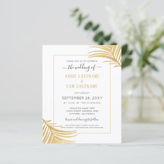 Budget Gold Tropical Palm Leaf Invitation (Staand voorkant)