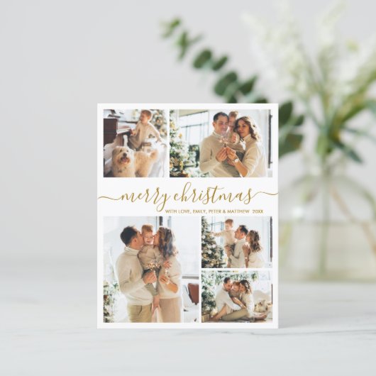 Budget Gold white 5 Photo Collage Christmas Card (Staand voorkant)