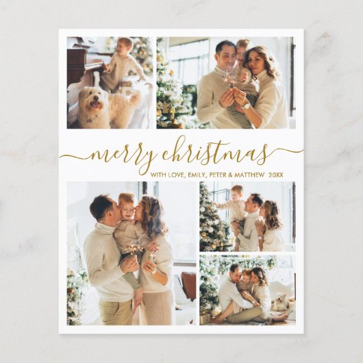 Budget Gold white 5 Photo Collage Christmas Card (Voorkant)