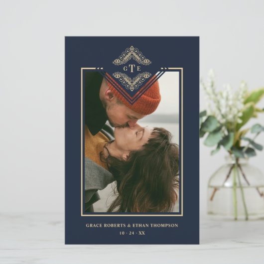 Budget Golden Flourish Classic Ornament Photo Navy (Staand voorkant)