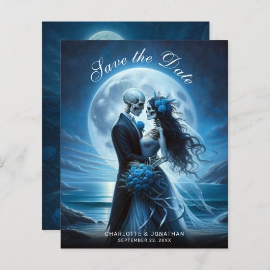 Budget Gothic Blue Skeletons Wedding Save the Date (Voorkant / Achterkant)