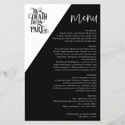 Budget Gothic Till Death Do us Part Bruiloft Menu (Voorkant)
