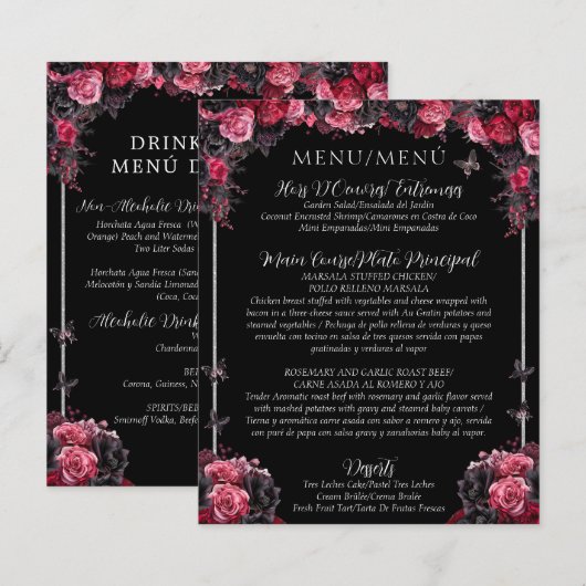 Budget Gotische Bloemen Tweetalig Quinceañera Menu (Voorkant / Achterkant)