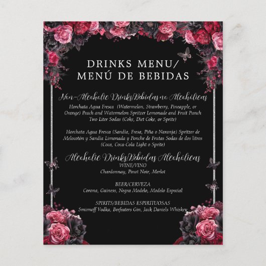 Budget Gotische Bloemen Tweetalig Quinceañera Menu (Achterkant)
