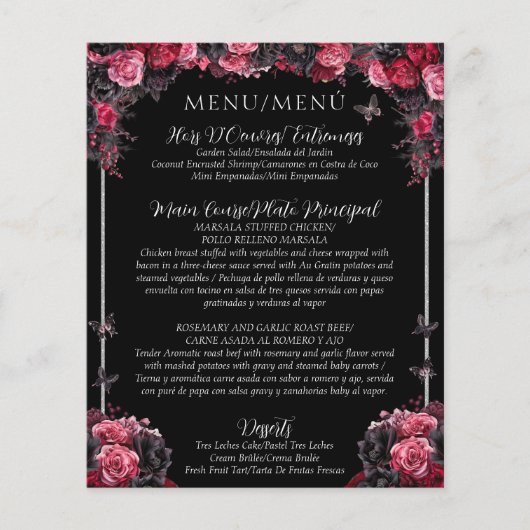 Budget Gotische Bloemen Tweetalig Quinceañera Menu (Voorkant)