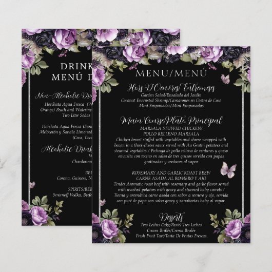 Budget Gotische Bloemen Tweetalig Quinceañera Menu (Voorkant / Achterkant)