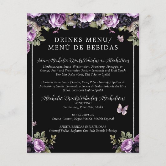 Budget Gotische Bloemen Tweetalig Quinceañera Menu (Achterkant)