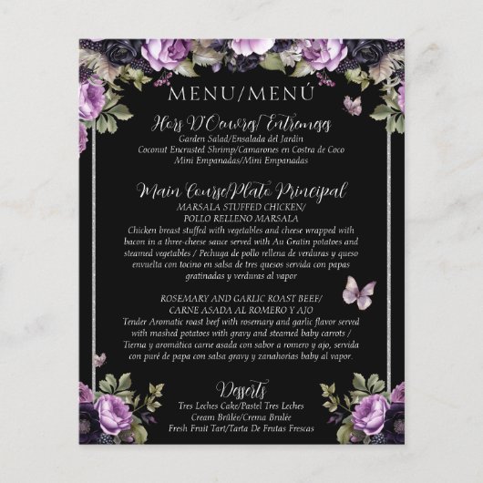 Budget Gotische Bloemen Tweetalig Quinceañera Menu (Voorkant)