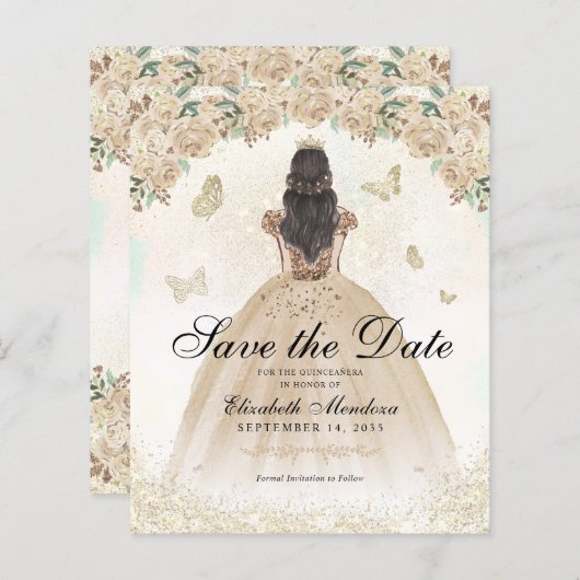 Budget Goud Bloemen Prinses Quinceañera Opslagdatu (Voorkant / Achterkant)
