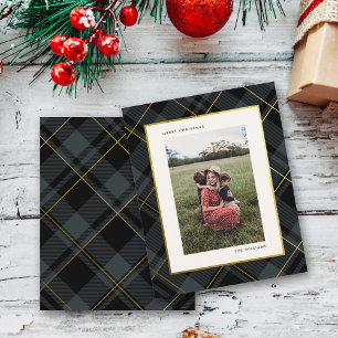 Budget Goud Donkergroene Tartan Kerstmis Fotokaart