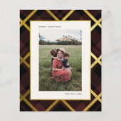 Budget Goud & Donkerrode Tartan Kerstmis Fotokaart (Voorkant)