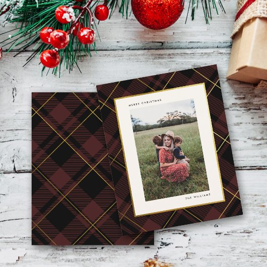 Budget Goud & Donkerrode Tartan Kerstmis Fotokaart