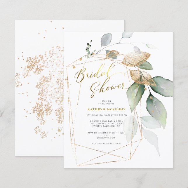 Budget Goud Eucalyptus Groene Bruiloftssalonkaart (Voorkant / Achterkant)