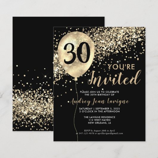 Budget Goud Glitter Ballon Zwart 30ste Verjaardag (Voorkant / Achterkant)