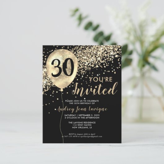 Budget Goud Glitter Ballon Zwart 30ste Verjaardag (Staand voorkant)