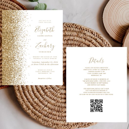 Budget Goud Glitter Wit QR Code Trouw Uitnodiging