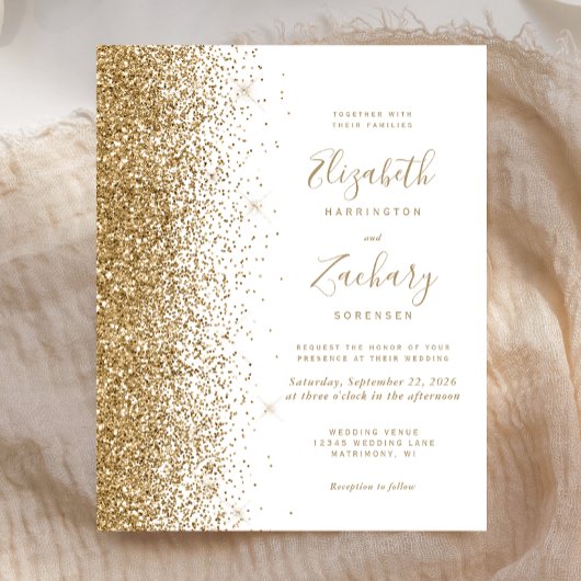 Budget goud glitters witte trouw uitnodiging