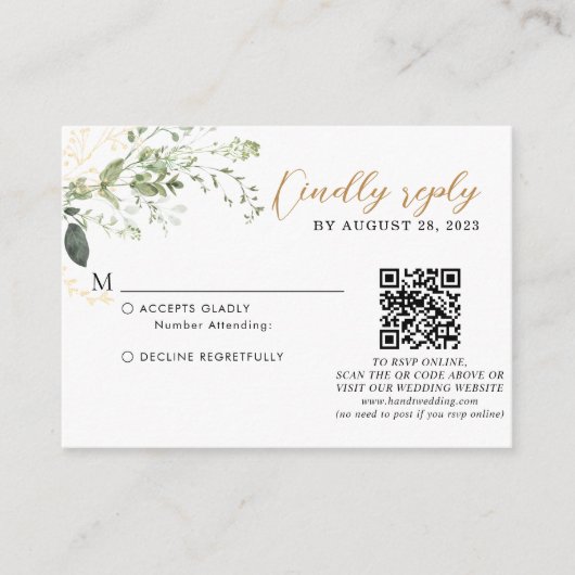 Budget Goud Groene Eucalyptus QR Code Bruiloft Informatiekaartje (Voorkant)