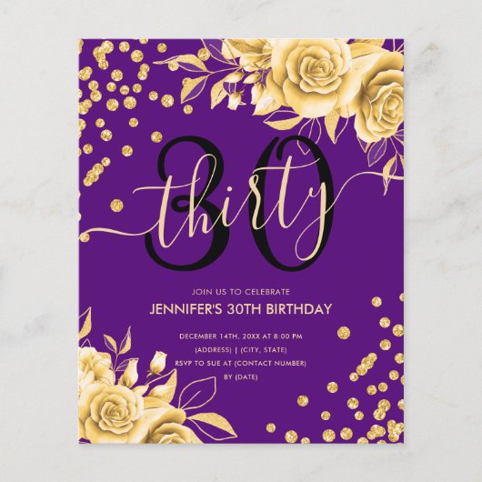 Budget Goud Paarse Bloemen Glitter 30e Verjaardag Flyer (Voorkant)