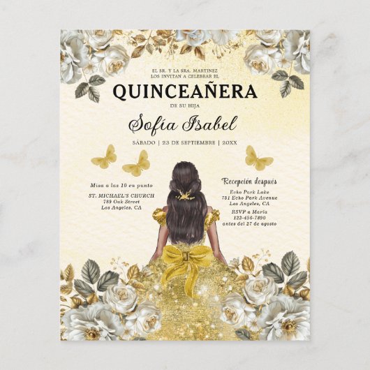 Budget Goud Tweetalig Spaans Quinceanera Flyer (Achterkant)