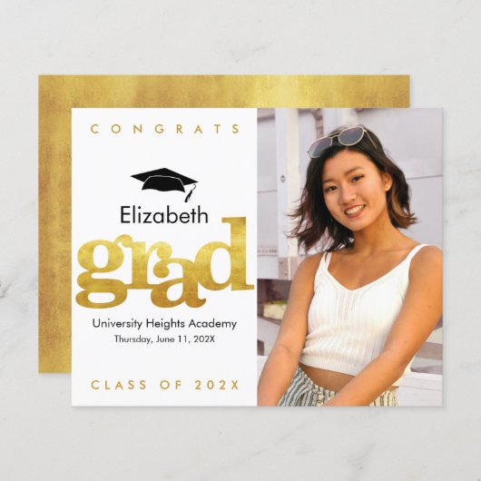 Budget Goud Wit Foto Pet Afstuderen Uitnodiging (Voorkant / Achterkant)