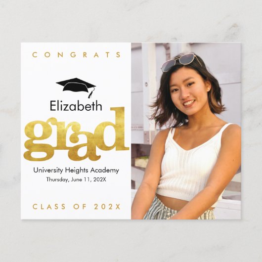 Budget Goud Wit Foto Pet Afstuderen Uitnodiging (Voorkant)