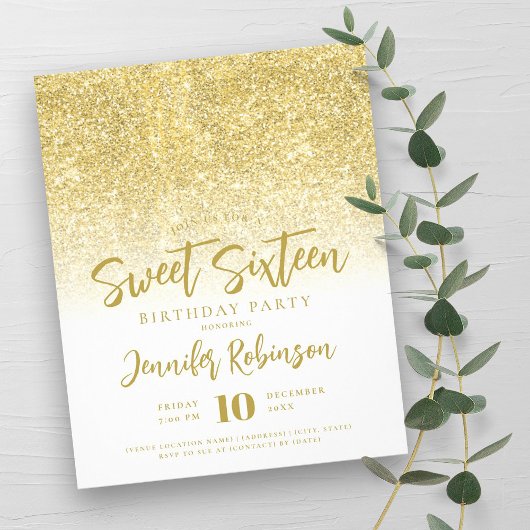 Budget Goud Wit Glitter Sweet 16 Uitnodigen Flyer