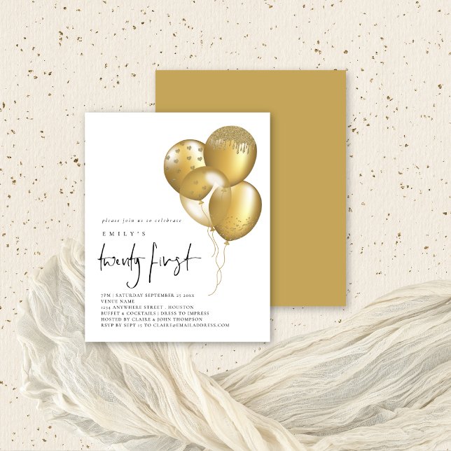 Budget Gouden Glitterballonnen 21e Partij Uitnodig (Front and back view. Budget price value invitation)