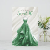 Budget Gouden Groene Jurk Sweet 16 Uitnodiging (Staand voorkant)