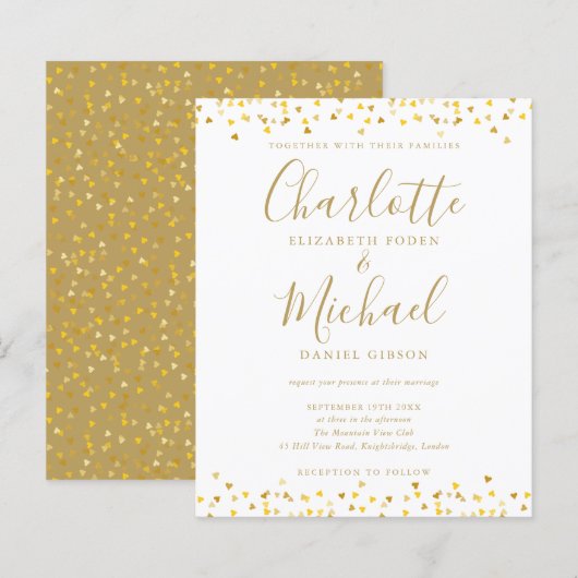 Budget Gouden Hartjes Confetti Script Trouw Uitnod (Voorkant / Achterkant)