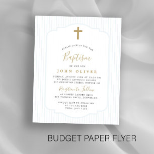 Budget gouden kruis blauwe jongensdoop uitnodiging flyer