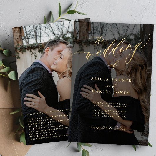 Budget gouden script QR foto bruiloft uitnodiging