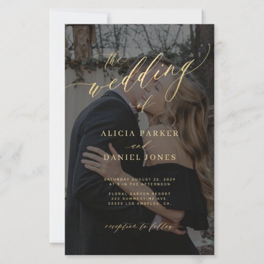 Budget gouden script QR foto bruiloft uitnodiging (Voorkant)