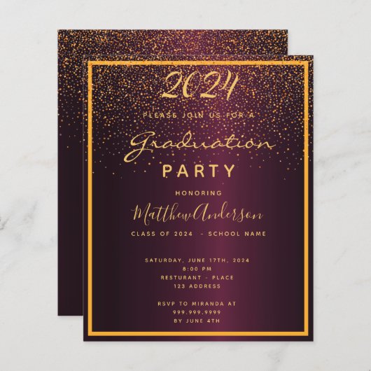 Budget Graduation party bordeaux uitnodiging 2025 (Voorkant / Achterkant)