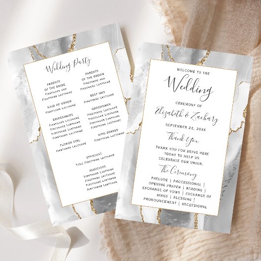 Budget Gray White Gold Agate Wedding Program
